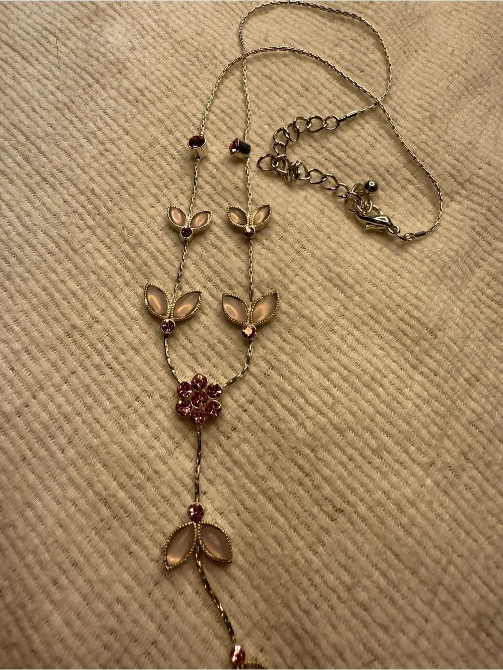 Y2K Pink Sakura Flower and Rhinestone Link Drop Necklace